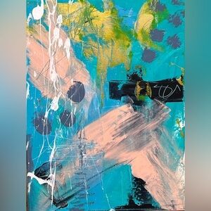 Abstract Canvas Art in Blue Gold and Pink